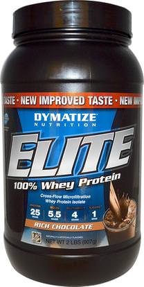 Dymatize Nutrition, Elite, 100% Whey Protein, Rich Chocolate, 2 lbs (907 g) ,المكملات الغذائية، بروتين مصل اللبن، والرياضة