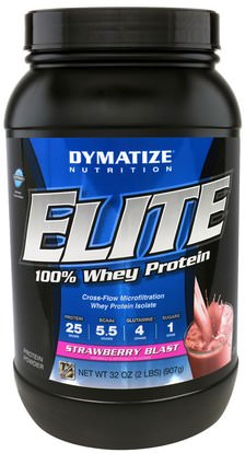 Dymatize Nutrition, Elite 100% Whey Protein, Strawberry Blast, 32 oz (907 g) ,والرياضة، والعضلات