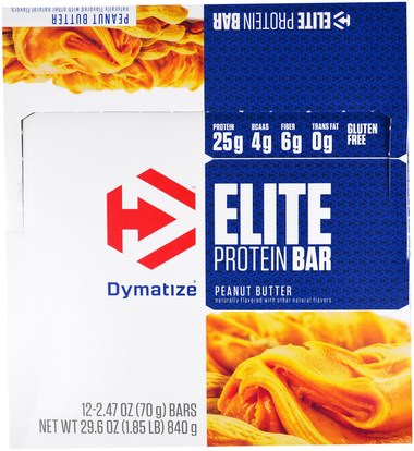 Dymatize Nutrition, Elite Protein Bar, Peanut Butter, 12 Bars, 2.47 oz (70 g) ,والرياضة، والحانات البروتين، والعضلات