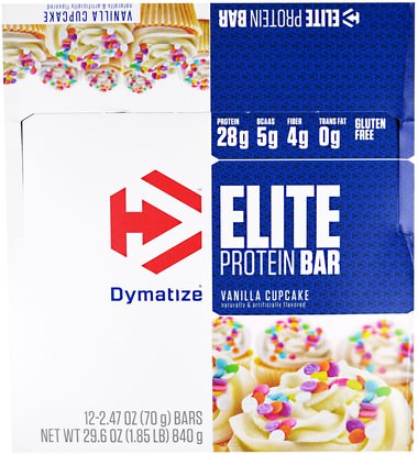 Dymatize Nutrition, Elite Protein Bar, Vanilla Cupcake, 12 Bars, 2.47 oz (70 g) Each ,المكملات الغذائية، البروتين، بروتين الرياضة، الرياضة، بروتين أشرطة