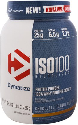 Dymatize Nutrition, ISO 100 Hydrolyzed, 100% Whey Protein Isolate, Chocolate Peanut Butter, 25.6 oz (725 g) ,والرياضة، والمكملات الغذائية، بروتين مصل اللبن