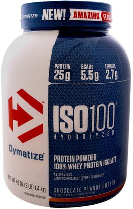 Dymatize Nutrition, ISO 100 Hydrolyzed, 100% Whey Protein Isolate, Chocolate Peanut Butter, 3 lb (1.4 kg) ,والرياضة، والمكملات الغذائية، بروتين مصل اللبن