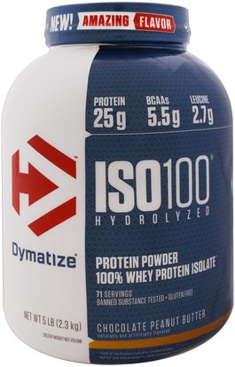 Dymatize Nutrition, ISO 100 Hydrolyzed, 100% Whey Protein Isolate, Chocolate Peanut Butter, 5 lb (2.3 kg) ,والرياضة، والمكملات الغذائية، بروتين مصل اللبن