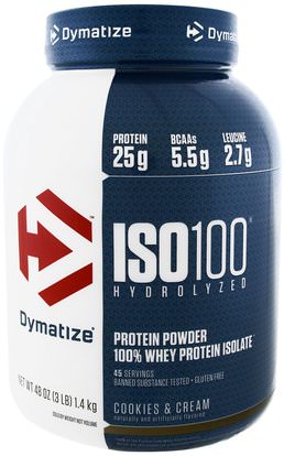 Dymatize Nutrition, ISO 100 Hydrolyzed 100% Whey Protein Isolate, Cookies & Cream, 3 lbs (1.36 kg) ,المكملات الغذائية، بروتين مصل اللبن