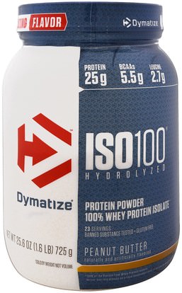 Dymatize Nutrition, ISO 100 Hydrolyzed, 100% Whey Protein Isolate, Peanut Butter, 25.6 oz (725 g) ,والرياضة، والمكملات الغذائية، بروتين مصل اللبن
