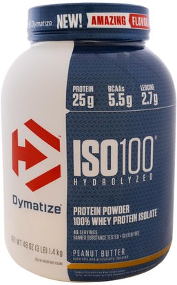 Dymatize Nutrition, ISO 100 Hydrolyzed, 100% Whey Protein Isolate, Peanut Butter, 48 oz (1.4 kg) ,والرياضة، والمكملات الغذائية، بروتين مصل اللبن