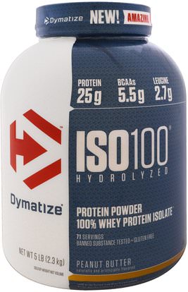 Dymatize Nutrition, ISO 100 Hydrolyzed, 100% Whey Protein Isolate, Peanut Butter, 5 lb (2.3 kg) ,والرياضة، والمكملات الغذائية، بروتين مصل اللبن