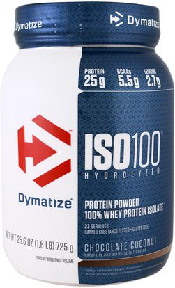 Dymatize Nutrition, ISO 100, Hydrolyzed, 100% Whey Protein Isolate Powder, Chocolate Coconut, 25.6 oz (725 g) ,والرياضة، والمكملات الغذائية، بروتين مصل اللبن