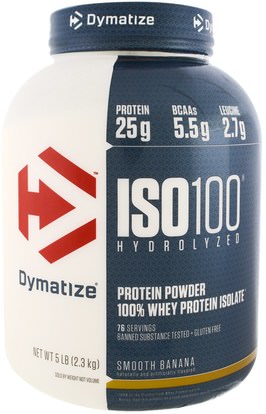 Dymatize Nutrition, ISO 100 Hydrolyzed, 100% Whey Protein Isolate, Smooth Banana, 5 lbs (2.3 kg) ,المكملات الغذائية، بروتين مصل اللبن، تجريب