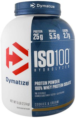 Dymatize Nutrition, ISO100 Hydrolyzed, 100% Whey Protein Isolate, Cookies & Cream, 5 lbs (2.3 kg) ,المكملات الغذائية، بروتين مصل اللبن، تجريب