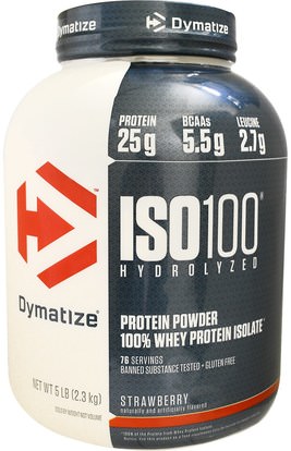 Dymatize Nutrition, ISO100 Hydrolyzed, 100% Whey Protein Isolate, Strawberry, 5 lbs (2.3 kg) ,المكملات الغذائية، بروتين مصل اللبن، تجريب