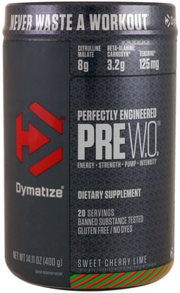 Dymatize Nutrition, Pre W.O., Sweet Cherry Lime, 14.11 oz (400 g) ,والصحة، والطاقة، والرياضة