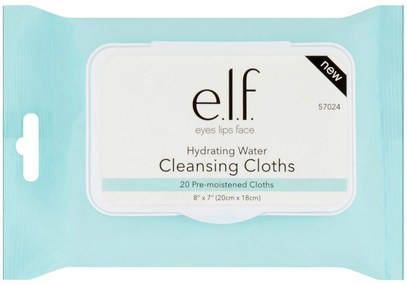 E.L.F. Cosmetics, Hydrating Water, Cleansing Cloths, 20 Pre-Moistened Cloths ,الجمال، العناية بالوجه، مناديل الوجه