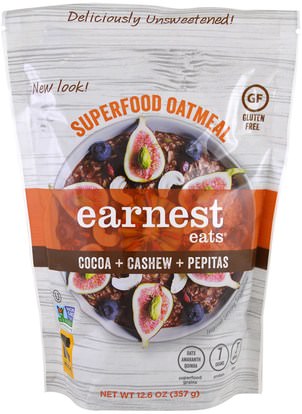 Earnest Eats, Superfood Oatmeal, Cocoa + Cashew + Pepitas, 12.6 oz (357 g) ,الغذاء، الأطعمة، الحبوب، الحبوب الكاملة الحبوب، الوجبات الخفيفة