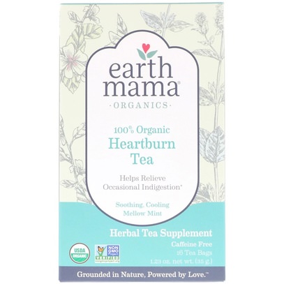 Earth Mama Angel Baby, Organic Heartburn Tea, Soothing Mellow Mint, Caffeine Free, 16 Tea Bags, 1.23 oz (35 g) ,صحة الطفل، تغذية الطفل، الحمل، الرضاعة الطبيعية