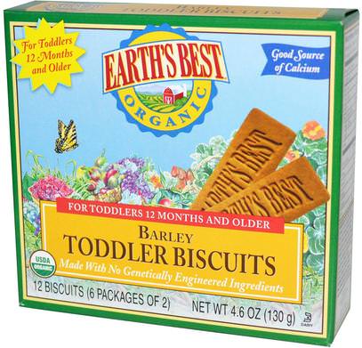 Earths Best, Organic Toddler Biscuits, Barley, 12 Biscuits (6 Packages of 2) ,صحة الطفل، تغذية الطفل، والرضع الوجبات الخفيفة والأصابع، التسنين البسكويت الكوكيز، أطفال الأطعمة