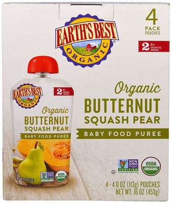 Earths Best, Organic Butternut Squash Pear, Baby Food Puree, 6+ Months, 4 Pouches, 4.0 oz (113 g) Each ,صحة الأطفال، والأغذية للأطفال