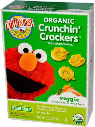 Earths Best, Organic Crunchin Crackers, Sesame Street, Veggie Sweet Potato, Broccoli & Carrot, 5.3 oz (150 g) ,صحة الطفل، تغذية الطفل، وجبات خفيفة الطفل والأصبع الأطعمة، طفل وجبات خفيفة، أطفال الأطعمة