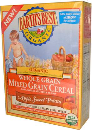 Earths Best, Organic Whole Grain Mixed Grain Cereal, Apple Sweet Potato, 8 oz (227 g) ,صحة الأطفال، أغذية الأطفال، تغذية الطفل، حبوب الأطفال