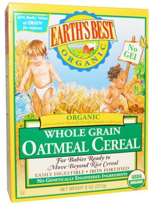 Earths Best, Organic Whole Grain Oatmeal Cereal, 8 oz (227 g) ,صحة الأطفال، أغذية الأطفال، تغذية الطفل، حبوب الأطفال