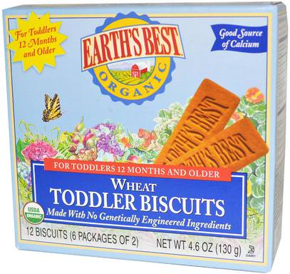 Earths Best, Organic Toddler Biscuits, Wheat, 12 Biscuits, 4.6 oz (130 g) ,صحة الطفل، تغذية الطفل، والرضع الوجبات الخفيفة والأصابع، التسنين البسكويت الكوكيز، أطفال الأطعمة