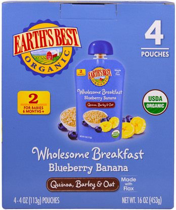 Earths Best, Wholesome Breakfast, Organic Blueberry Banana Flax and Oat Pouches, 6 + Months, 4 Pack, 4.0 oz (113 g) Each ,صحة الأطفال، والأغذية للأطفال