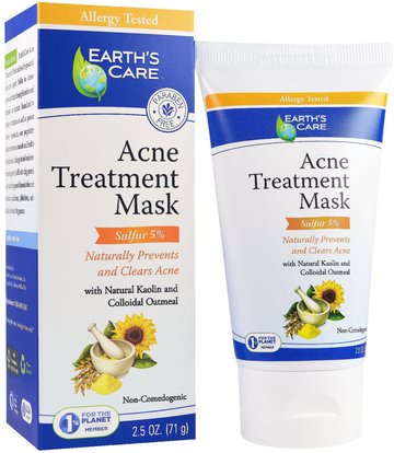 Earths Care, Acne Treatment Mask, Sulfur 5%, 2.5 oz (71 g) ,الجمال، أقنعة الوجه، حب الشباب، أقنعة عيب، الصحة، حب الشباب، نوع الجلد حب الشباب الجلد المعرضة