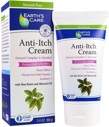 Earths Care, Anti-Itch Cream, with Shea Butter and Almond Oil, 2.4 oz (68 g) ,حمام، الجمال، زبدة الشيا، المضادة الألم