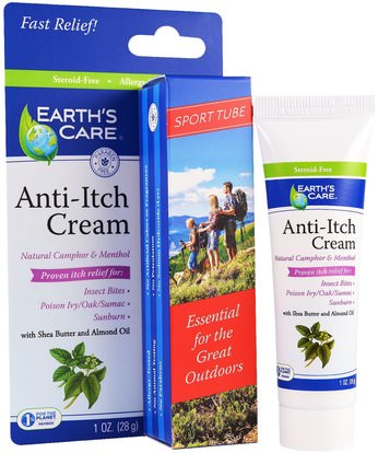 Earths Care, Anti-Itch Cream, with Shea Butter and Almond Oil, Sport Tube, 1 oz (28 g) ,حمام، الجمال، زبدة الشيا، المضادة الألم