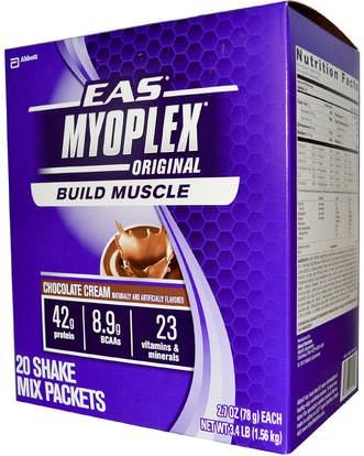 EAS, Myoplex, Original Shake Mix, Chocolate Cream, 20 Packets, 2.7 oz (78 g) Each ,والرياضة، والعضلات، يهز البروتين