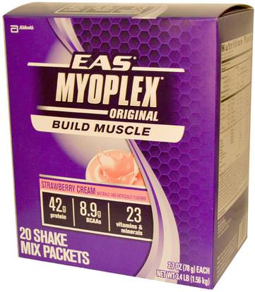 EAS, MyoPlex, Original, Shake Mix, Strawberry Cream, 20 Packets, 2.7 oz (78 g) Each ,والرياضة، والعضلات، يهز البروتين