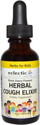 Eclectic Institute, Herbs For Kids, Herbal Cough Elixir, Black Cherry Flavored, 1 fl oz (30 ml) ,صحة الأطفال، سعال انفلونزا البرد، الأطفال العلاجات العشبية