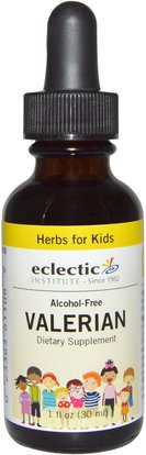 Eclectic Institute, Herbs For Kids, Valerian, Alcohol-Free, 1 fl oz (30 ml) ,الأعشاب، حشيشة الهر، الأطفال العلاجات العشبية