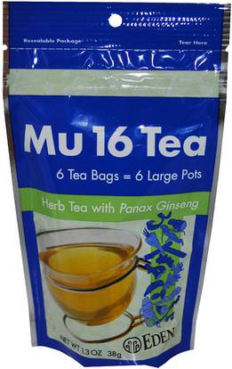 Eden Foods, Mu 16 Tea, with Panax Ginseng, 6 Tea Bags, 1.3 oz (38 g) ,المكملات الغذائية، أدابتوغين، الشاي العشبية
