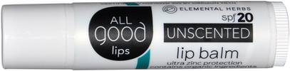 All Good Products, All Good Lips, Lip Balm, SPF 20, Unscented, 4.25 g ,حمام، الجمال، العناية الشفاه، بلسم الشفاه