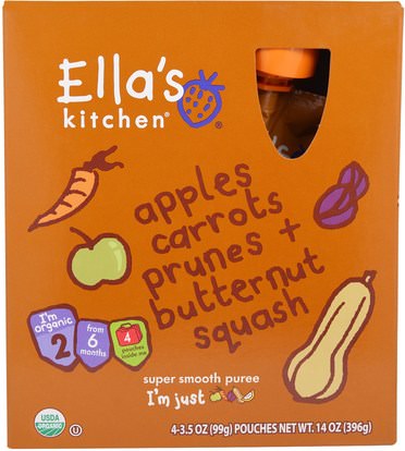 Ellas Kitchen, Apples, Carrots, Prunes and Butternut Squash, Stage 2, 4 Pouches, 14 oz (396 g) Each ,صحة الأطفال، والأغذية للأطفال
