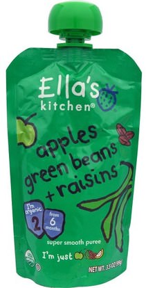 Ellas Kitchen, Apples Green Beans + Raisins, Super Smooth Puree, 3.5 oz (99 g) ,صحة الأطفال، أغذية الأطفال، تغذية الطفل، الغذاء