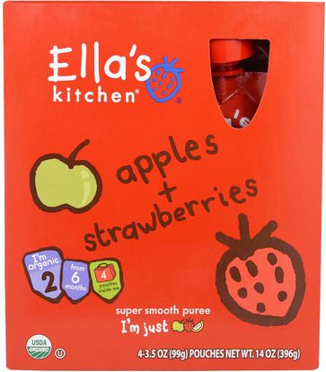 Ellas Kitchen, Apples, Strawberries, Super Smooth Puree, Stage 2, 4 Pouches, 3.5 oz (99 g) Each ,صحة الأطفال، والأغذية للأطفال