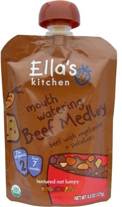 Ellas Kitchen, Mouth Watering Beef Medley, Beef with Vegetables + Potatoes, 4.5 oz (127 g) ,صحة الأطفال، أغذية الأطفال، تغذية الطفل، الغذاء