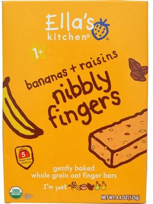 Ellas Kitchen, Nibbly Fingers, Bananas + Raisins, 5 Bars, 4.4 oz (8 g) Each ,صحة الطفل، تغذية الطفل، والرضع الوجبات الخفيفة والأصابع، التسنين البسكويت الكوكيز، أطفال الأطعمة