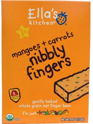 Ellas Kitchen, Nibbly Fingers, Mangoes + Carrots, 5 Bars, 4.4 oz (125 g) ,صحة الطفل، تغذية الطفل، وجبات خفيفة الطفل والأصبع الأطعمة، طفل وجبات خفيفة، أطفال الأطعمة