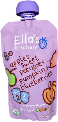 Ellas Kitchen, Organic Super Smooth Puree, Apples, Sweet Potatoes, Pumpkin + Blueberries, 3.5 oz (99 g) ,صحة الأطفال، أغذية الأطفال، تغذية الطفل، الغذاء