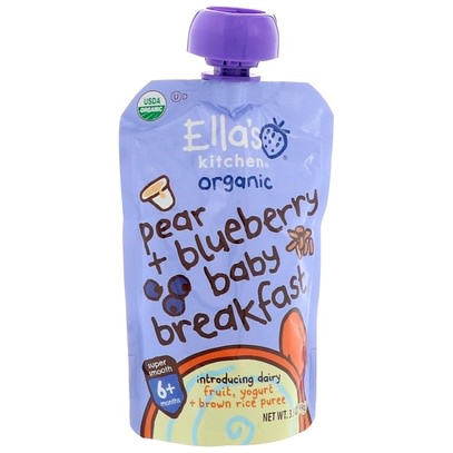 Ellas Kitchen, Pear + Blueberry Baby Brekkie, Stage 1, 3.5 oz (99 g) ,صحة الأطفال، أغذية الأطفال، تغذية الطفل، حبوب الأطفال