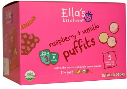 Ellas Kitchen, Raspberry + Vanilla Puffits, 5 Handy Bags, 1.06 oz (6 g) Each ,صحة الطفل، تغذية الطفل، وجبات خفيفة الطفل والأصبع الأطعمة، طفل وجبات خفيفة، أطفال الأطعمة