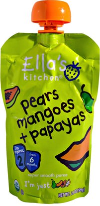 Ellas Kitchen, Super Smooth Puree, Organic Pears Mangoes + Papayas, 3.5 oz (99 g) ,صحة الأطفال، أغذية الأطفال، تغذية الطفل، الغذاء