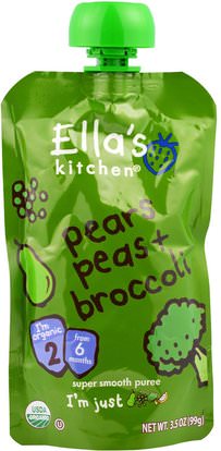 Ellas Kitchen, Super Smooth Puree, Pears, Peas + Broccoli, 3.5 oz (99 g) ,صحة الأطفال، أغذية الأطفال، تغذية الطفل، الغذاء