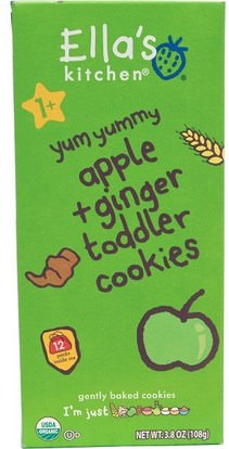 Ellas Kitchen, Toddler Cookies, Apple + Ginger, 12 Packs, 9 g Each ,صحة الطفل، تغذية الطفل، والرضع الوجبات الخفيفة والأصابع، التسنين البسكويت الكوكيز، أطفال الأطعمة