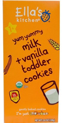 Ellas Kitchen, Toddler Cookies, Milk + Vanilla, 12 Packs, 9 g Each ,صحة الطفل، تغذية الطفل، والرضع الوجبات الخفيفة والأصابع، التسنين البسكويت الكوكيز، أطفال الأطعمة