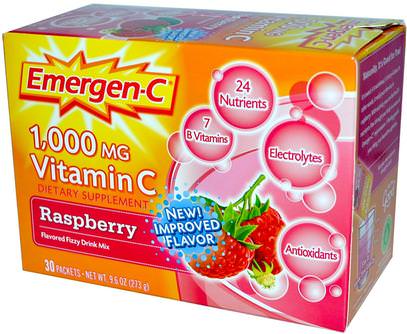 Emergen-C, 1,000 mg Vitamin C, Raspberry, 30 Packets, 9.1 g Each ,الفيتامينات، فيتامين ج