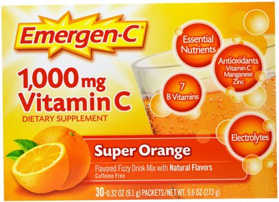 Emergen-C, 1,000 mg Vitamin C, Super Orange, 30 Packets, 0.32 oz (9.1 g) Each ,الفيتامينات، فيتامين ج